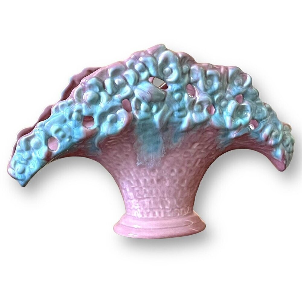 Royal Haeger Fan Vase Pink Blue Flower Basket Planter Vintage 1940s R386 USA - Picture 4 of 14